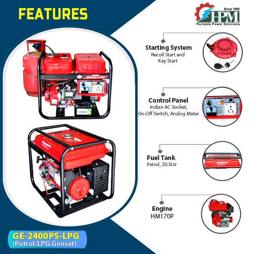 2.1 KVA smart Portable Generator, Petrol & LPG RUN, recoil & self start, Model GE-2400PS